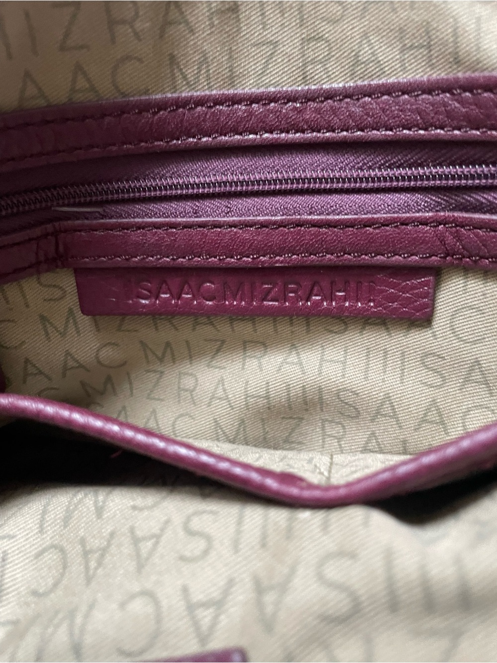 Isaac Mizrahi RARE Plum Leather Shoulder Bag with Logo Interior; messenger